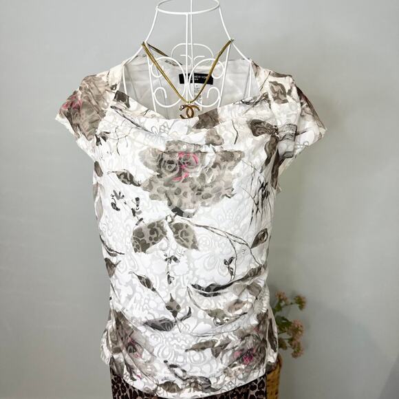 Cute vintage y2k white cowl neck cinched floral rose lace blouse top - Picture 2 of 6